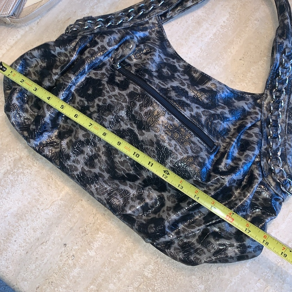 ALDO black/grey leopard bag, top handles, chains. faux leather, zip, pocket. EUC - Picture 14 of 17